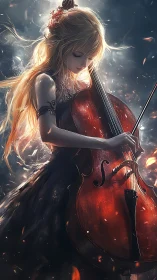 Cellist bathed in ember-lit glow channels quiet passion