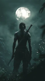 Warrior silhouette with sword under full moon in forest.