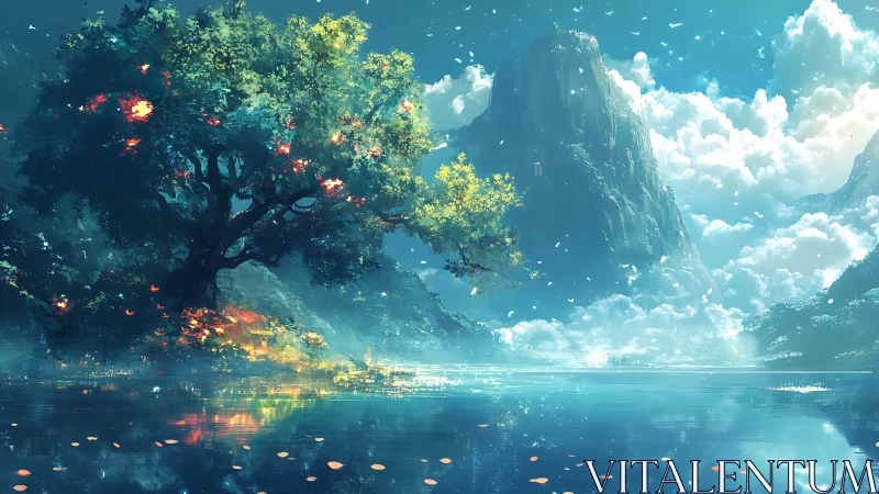 Luminescent riverside tree before mist-veiled monolithic peak