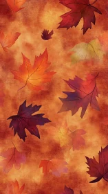 Golden autumn leaves drift gently across a warm sunset sky