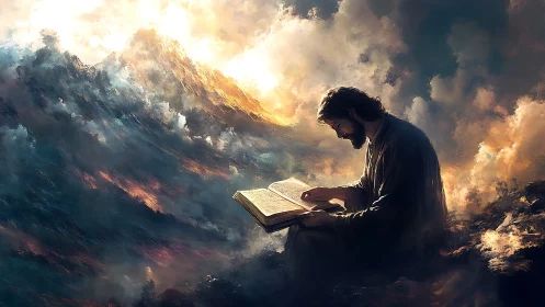 Storm-lit reader bends the clouds around a glowing scripture