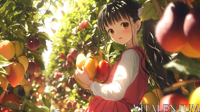 Backlit orchard scene renders anime girl harvesting ripe apples