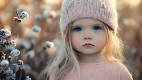 Young child in knitted hat outdoors in soft winter light.