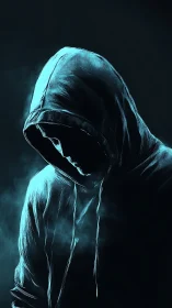 Hooded silhouette in cyan rim light and volumetric shadow study.