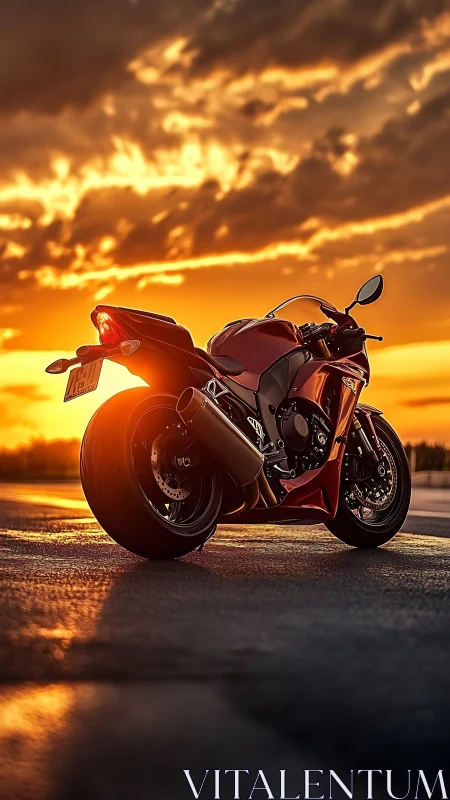 Supersport motorcycle rear three-quarter view at sunset glow