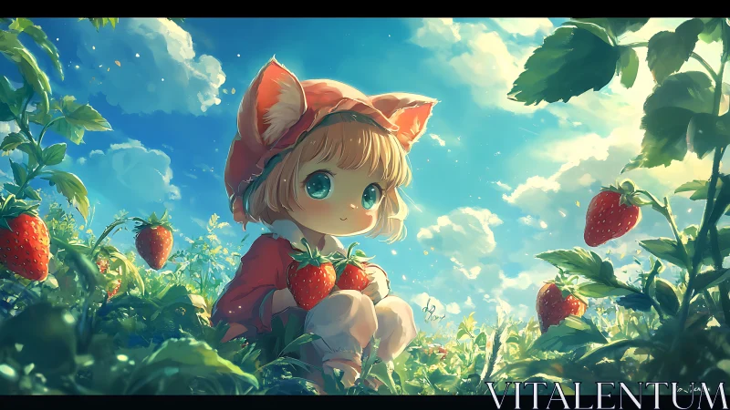 Fox-eared child holds ripe strawberries under vivid sky