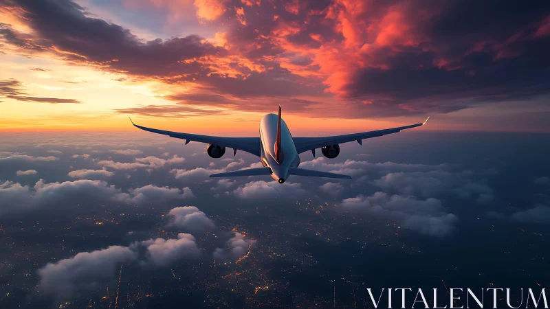 Passenger jet cruises above glowing city under fiery sunset