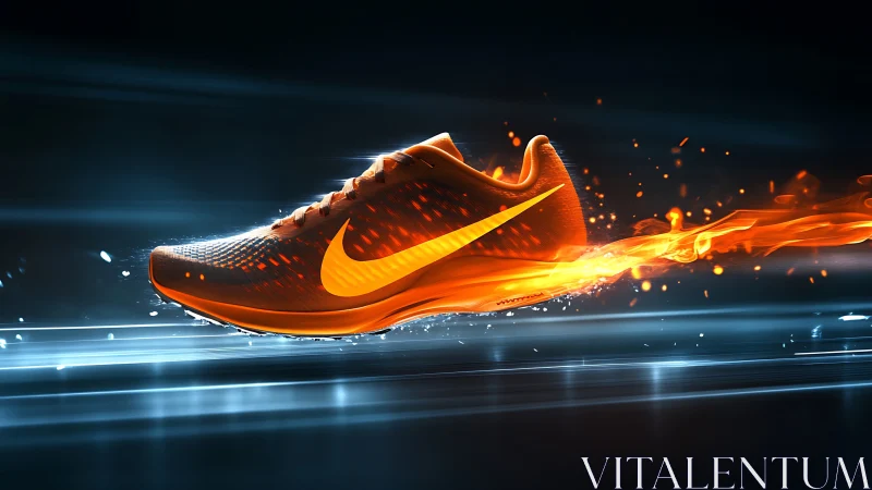 Fiery orange running shoe streaking through electric night.