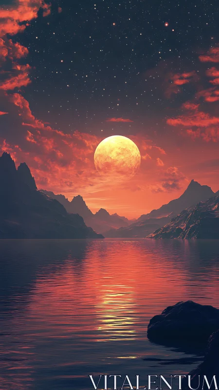 Radiant full moon glows above crimson twilight lake.