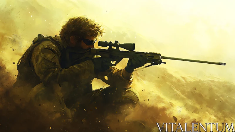 Sniper holds position in a storm of golden battlefield dust