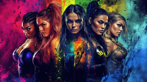 Fierce Female Warriors in Splattered Color Art Style Portrait.