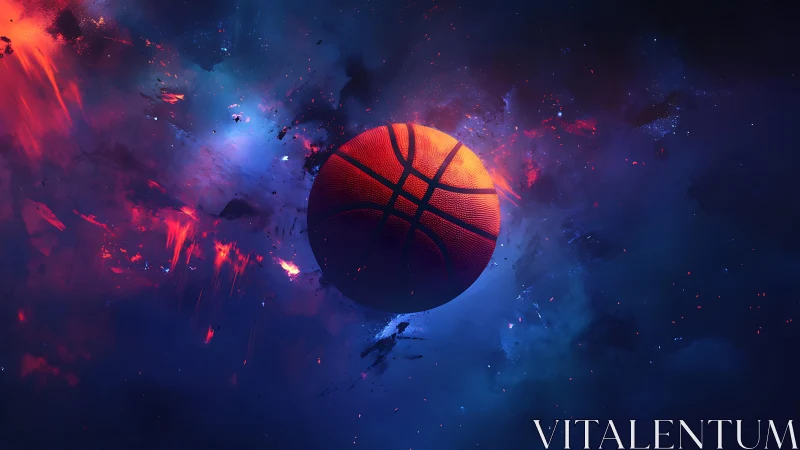 Cosmic court vision: blazing basketball in galactic night.