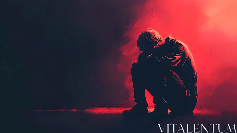 Solitary figure in red backlight, crouched in reflective silence