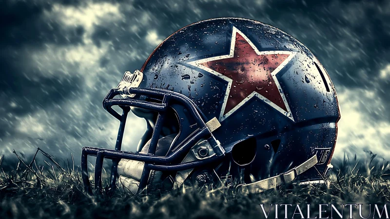 Storm-soaked football helmet crowned with a crimson star.