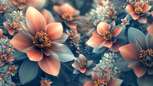 Coral Blooms Against Teal Foliage Garden.