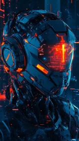Cybernetic soldier portrait with glowing visor and neon data field.