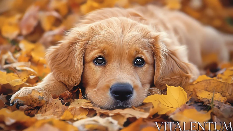 Golden puppy resting in vivid autumn leaves at ground level.