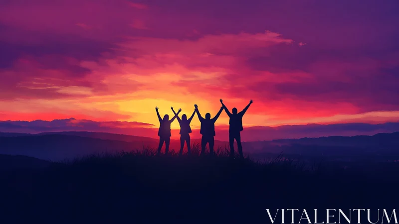 Four human silhouettes stand on ridge against vivid sunset sky