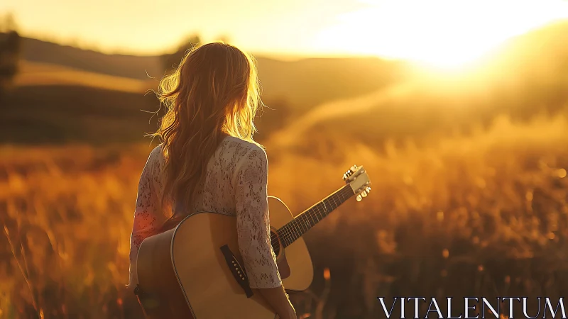 Person with acoustic guitar stands in backlit rural field at sunset