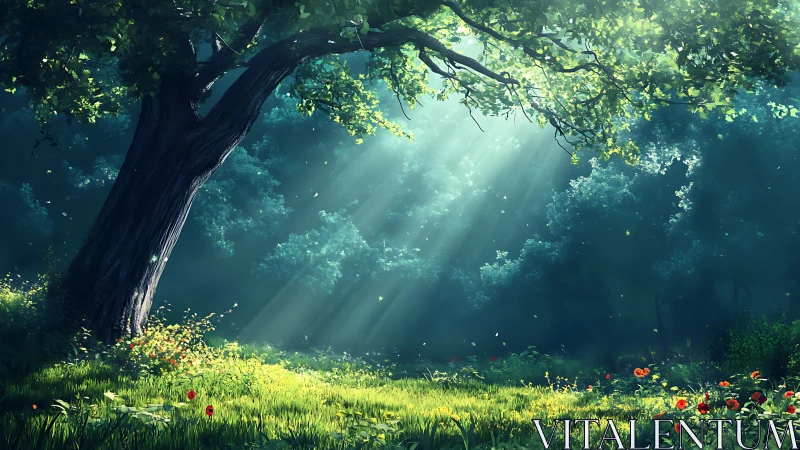 Sunlit Forest Glade with Majestic Tree in Dreamy Art Style.