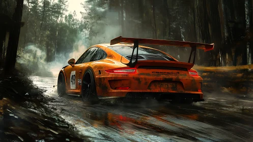 Orange race car on wet forest road with rear perspective.