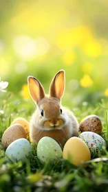 Brown rabbit among painted Easter eggs in spring meadow.