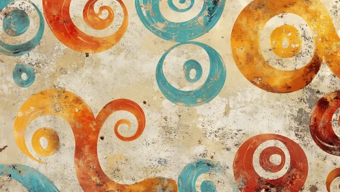 Colorful spiral circles overlay distressed beige textured wall