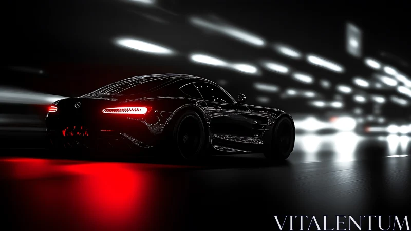 Sleek black sports car slices through neon city night streets.