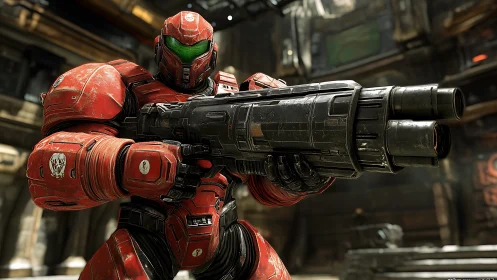 Armored crimson titan aims a thunderous sci-fi cannon.