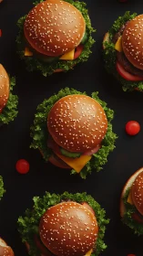 Top-down arrangement of sesame burgers with layered ingredients