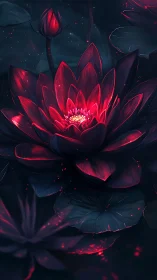 Bioluminescent crimson lotus rendered in dramatic chiaroscuro