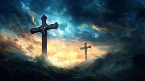 Stormlit hilltop crosses under blazing resurrection sky.