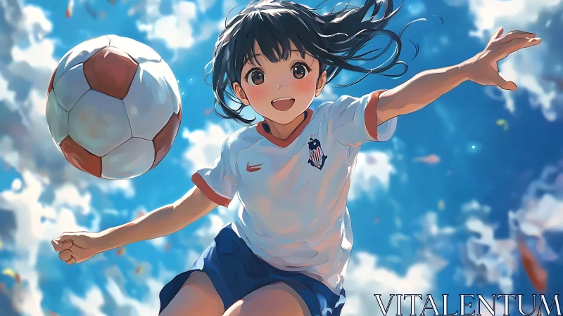 Joyful soccer girl leaping into a bright summer sky.