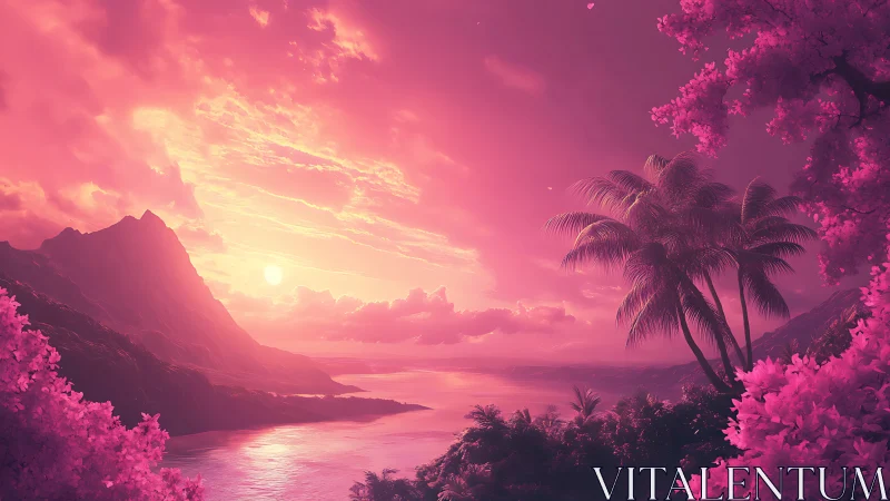 Monochrome pink coastal landscape with mountains and palms.
