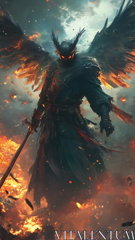 Dark winged warrior with fiery sword in burning sky.