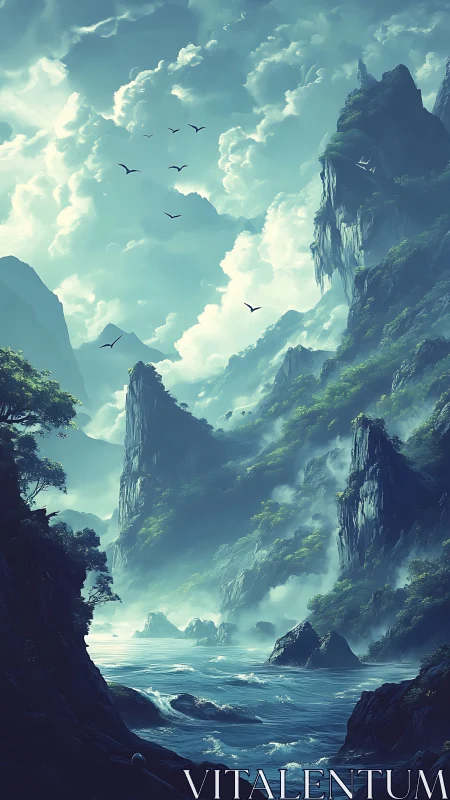 Towering misty cliffs rise above a luminous fantasy sea.