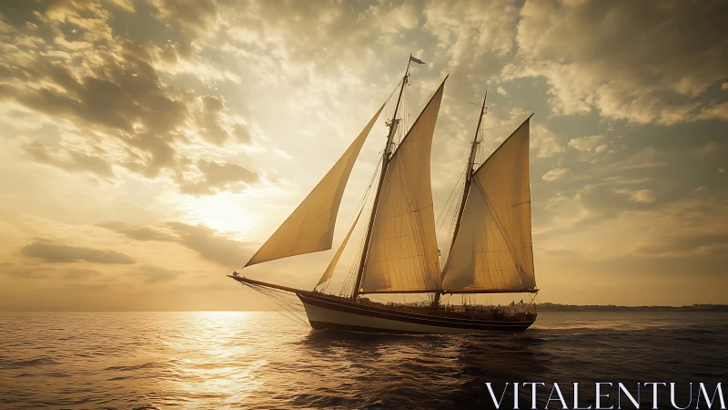 Golden-hour sailboat gliding gently across a calm sea.