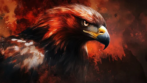 Majestic Eagle Portrait in Fiery Abstract Digital Art Style.