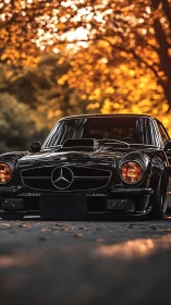 Low-angle portrait isolates classic black coupe against bokeh glow