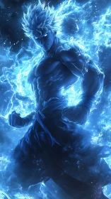 Electrified anime warrior channels intense blue energy aura