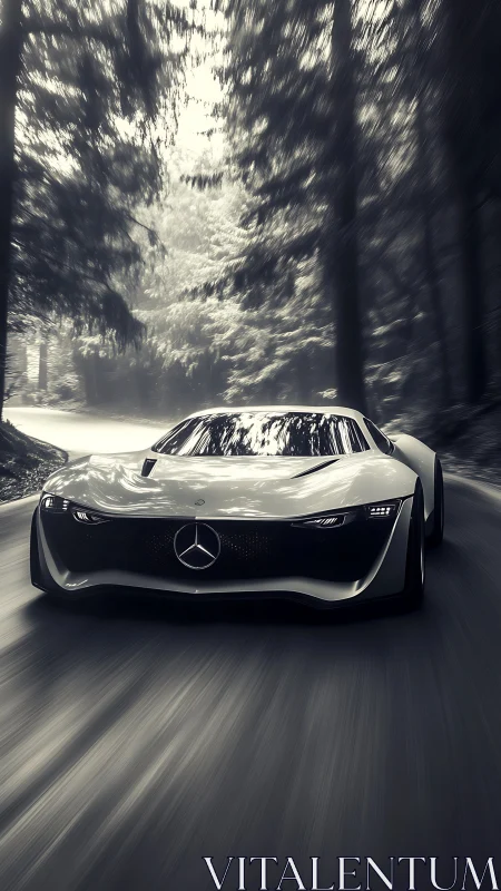 Futuristic Mercedes sports car drives quickly through forest road
