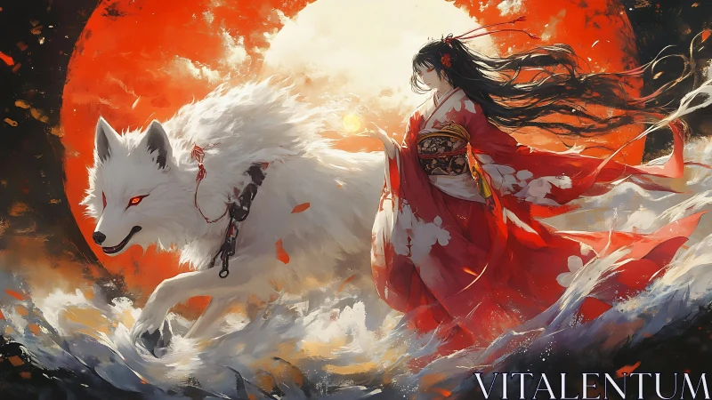 Digital painting of shrine maiden and spectral white wolf in storm.
