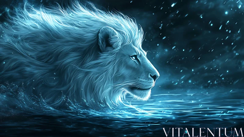 Luminescent white lion profile emerging through cyan surf.