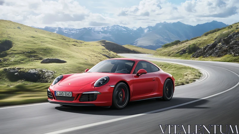 Scarlet sports car slices through alpine curves in sunlight.
