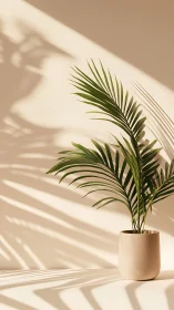 Potted palm plant casting elongated shadows on wall.