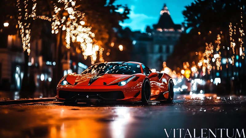Photorealistic supercar at dusk with cinematic bokeh lighting.