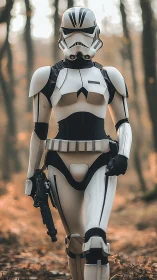 Photorealistic armored trooper portrait in autumn forest setting.