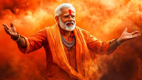 Elderly spiritual guru welcomes viewers amid blazing orange aura
