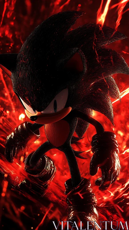 Dark hedgehog character in fiery red digital environment.
