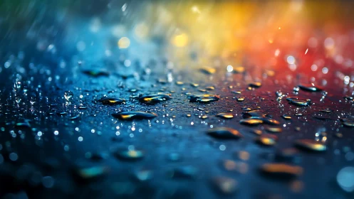 Macro water droplets on reflective surface with bokeh color gradients